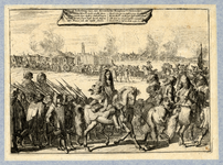 39526 Afbeelding van een stoet met prins Willem III en zijn edellieden aan het hoofd van een leger, op weg naar de stad ...
